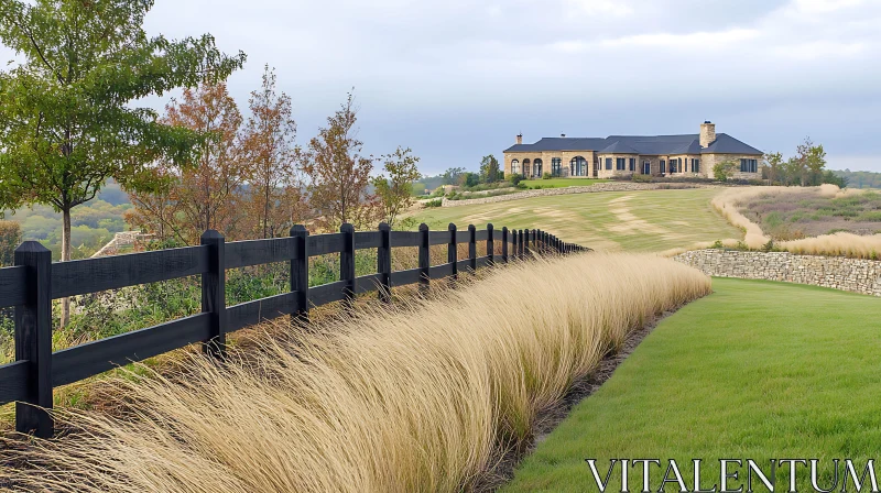 House and Fence in a Grassy Field AI Image