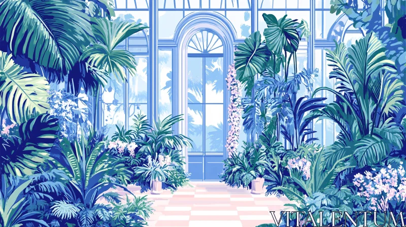 Lush Indoor Garden in Blue and Green AI Image