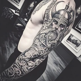 Detailed Black Ink Viking Arm Tattoo