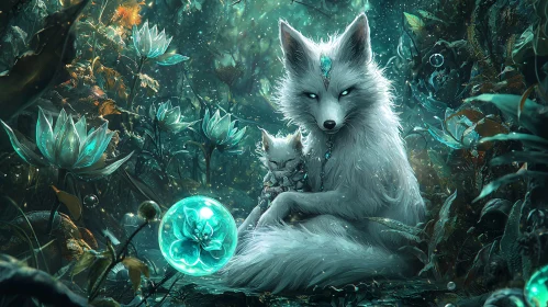 Mystical Fox and Cub with Glowing Flowers