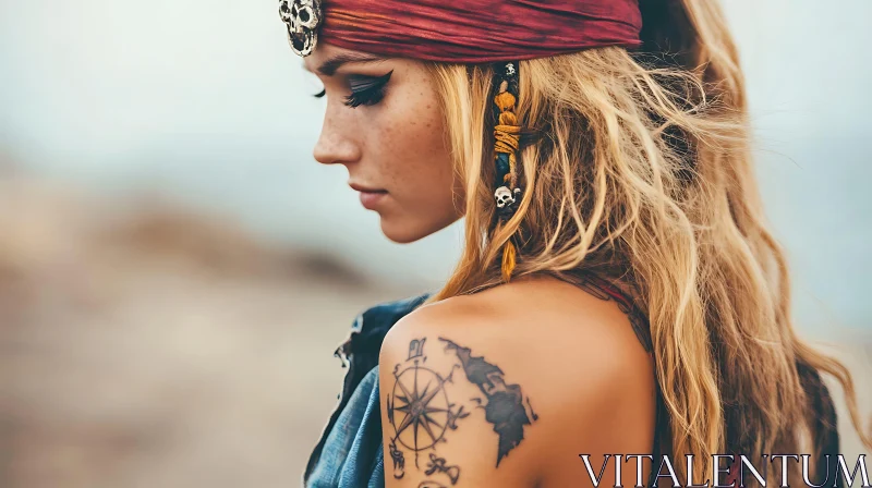 Compass and Map Tattoo on Woman with Pirate Headscarf AI Image