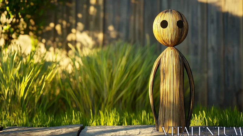 Rustic Wooden Figure Amidst Greenery AI Image