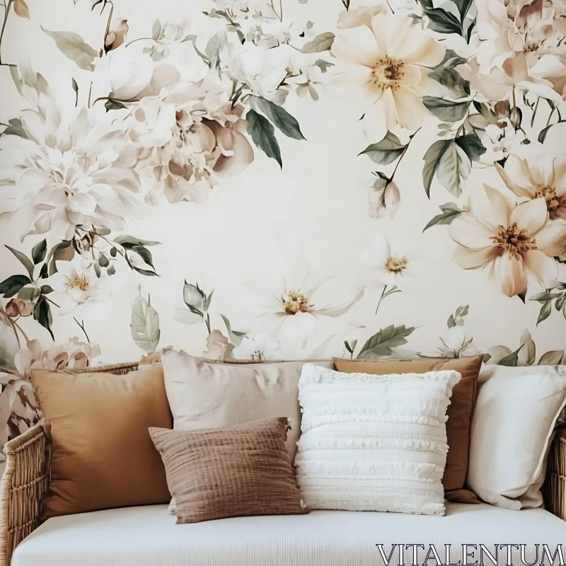 Elegant Floral Wallpaper with Cozy Couch AI Image