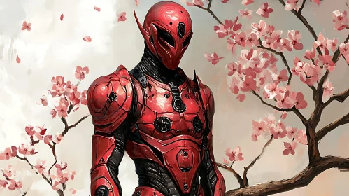 Red Armored Cyborg in a Blossoming Spring Landscape