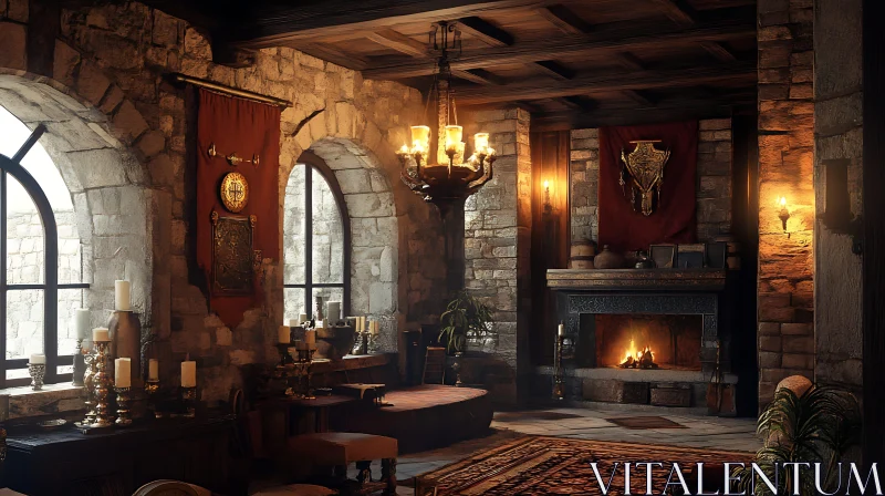 AI ART Old Stone Room with Fireplace Glow