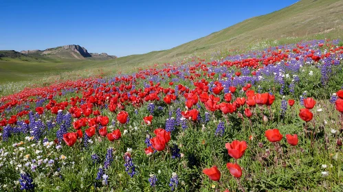 Colorful Flower Field with Rolling Hills