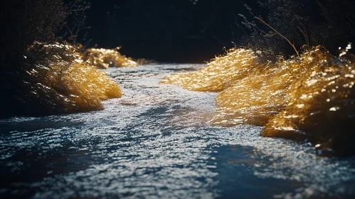 Sunlit River with Glimmering Waters and Grasses