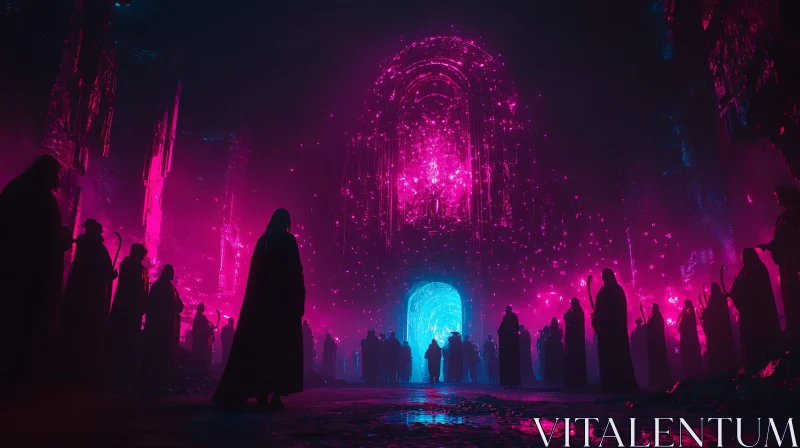 Cloaked Figures at a Magical Gateway AI Image