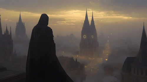 Cloaked Figure Overlooking Gothic City