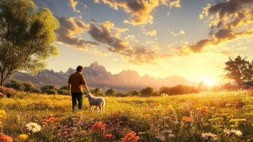 Sunset Meadow with Sheep and Mountains