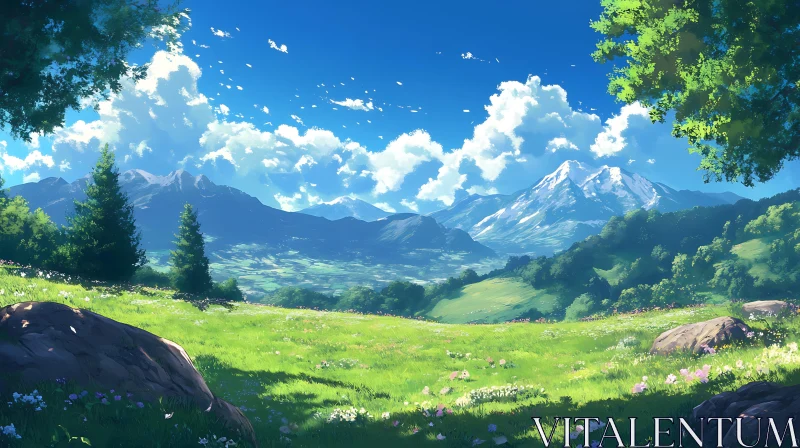 AI ART Idyllic Mountain Vista with Green Meadow