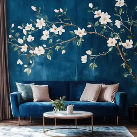 Blue Sofa with White Floral Accent Wall