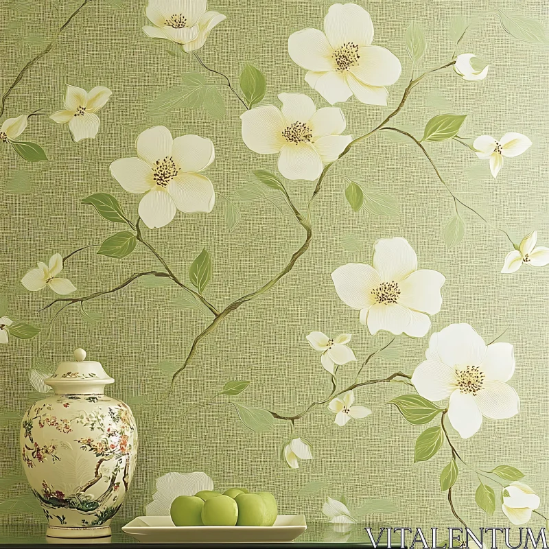 AI ART White Blossoms and Green Apples Still Life