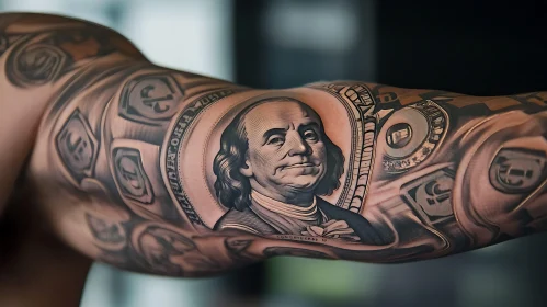 Realistic Arm Tattoo Featuring Historical Figure and Money Design