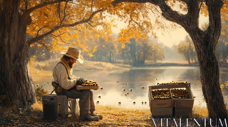 Man Sorting Fruit by Calm Waters AI Image