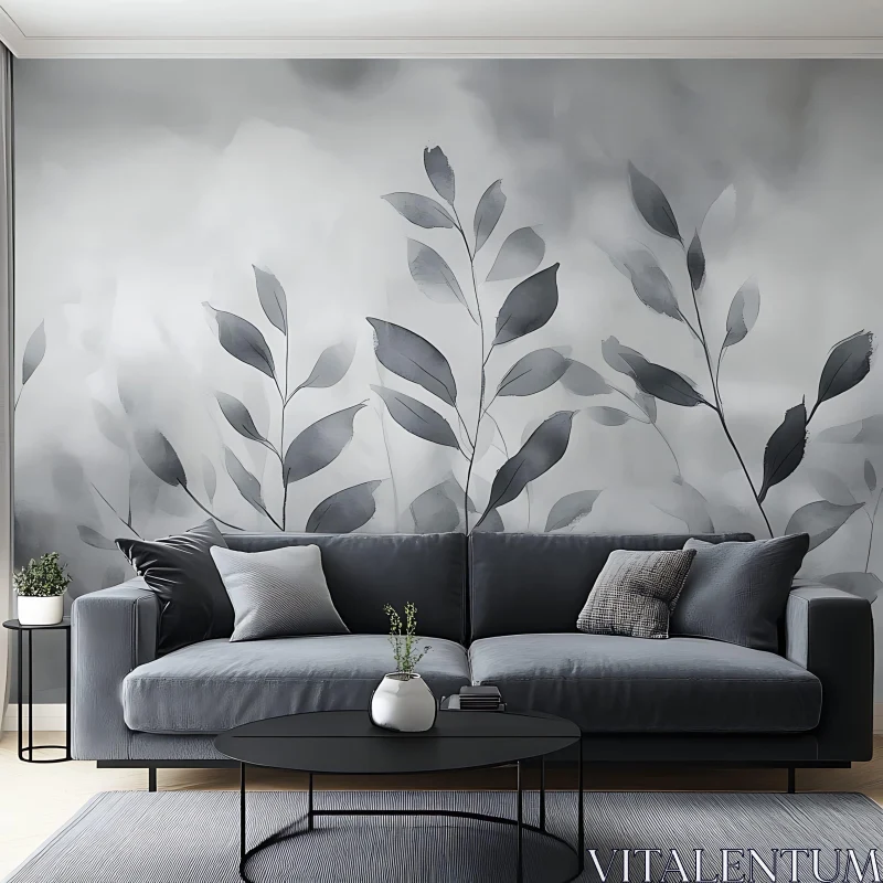 AI ART Serene Gray Interior with Botanical Wallpaper