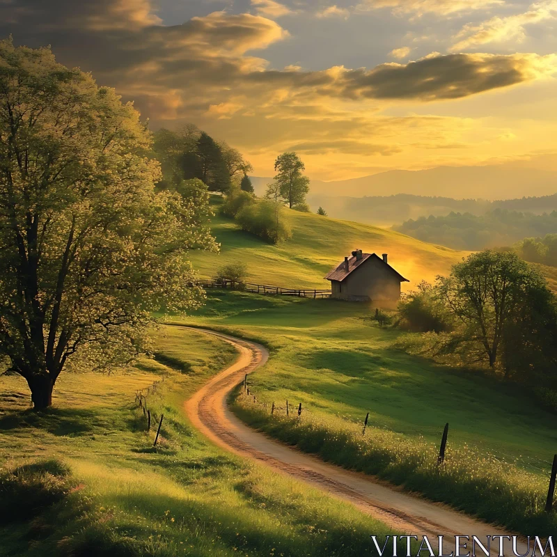 Rural Landscape with House and Path AI Image