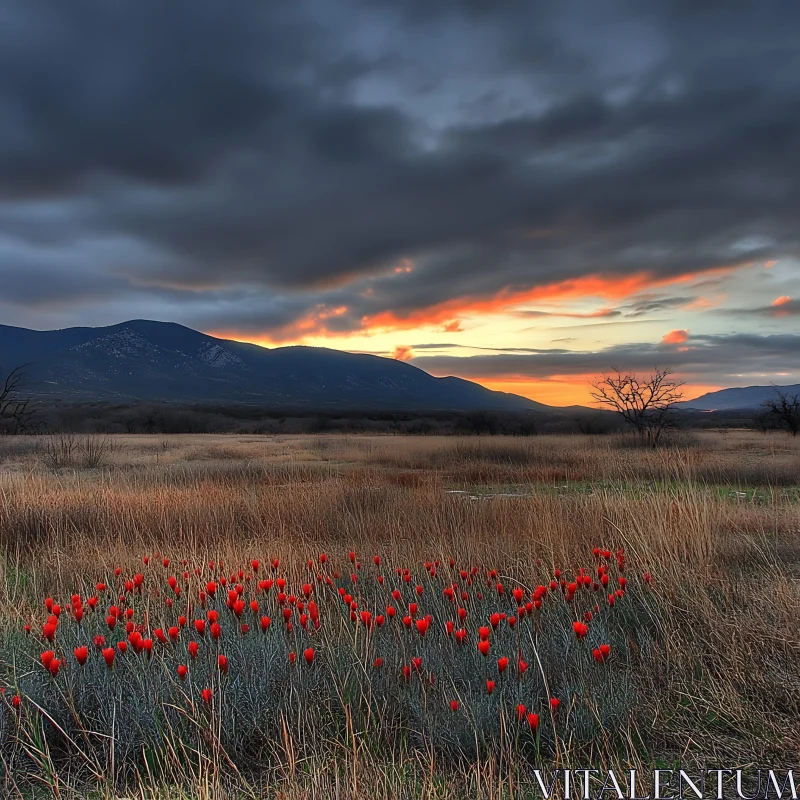 AI ART Scenic Field with Red Flowers at Sunset