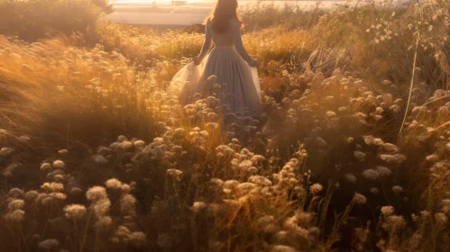 Woman Walking in Golden Field at Sunset