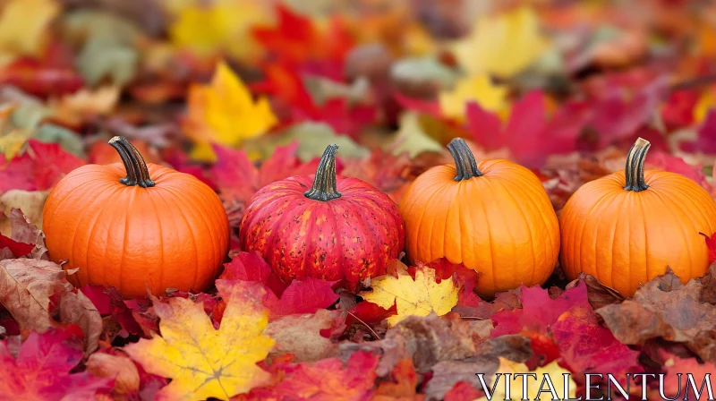 Pumpkins on Colorful Fall Leaves AI Image