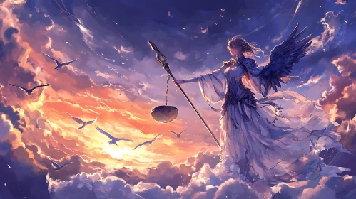 Winged Angel in Sunset Sky