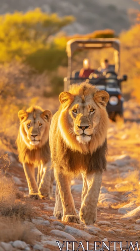 Captivating Encounter: Lions Walking Behind Open Jeep AI Image