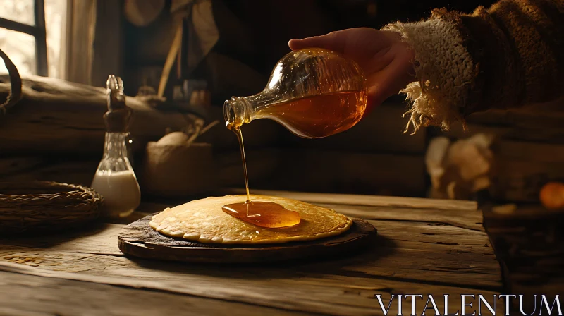 Wooden Table Pancake with Syrup Drizzle AI Image