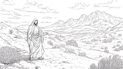 Line Art Mountain Scenery with Figure