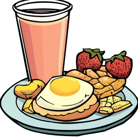 Cartoon Breakfast Image with Egg, Waffles, Juice, and Strawberries