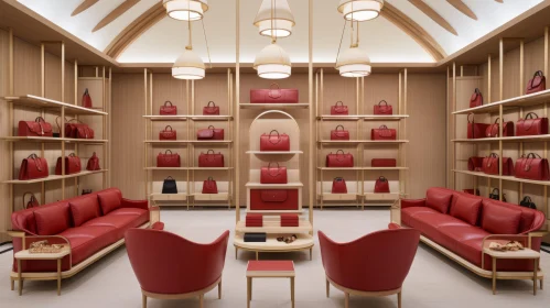 Elegant Retail Showroom with Red Couches and Bags - Layered Veneer Panels