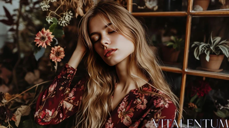 Ethereal Beauty: Captivating Portrait of a Woman in a Floral Dress AI Image