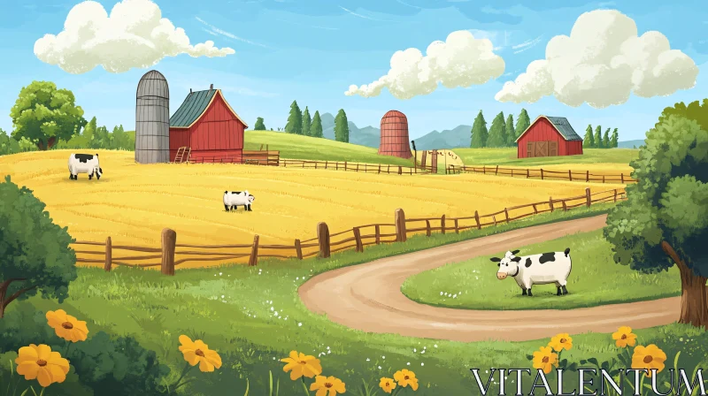 Cartoon Farm with Grazing Cows AI Image