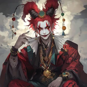 Whimsical Jester in Red Kimono