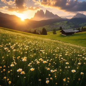 Daisies in Mountain Valley at Sunset