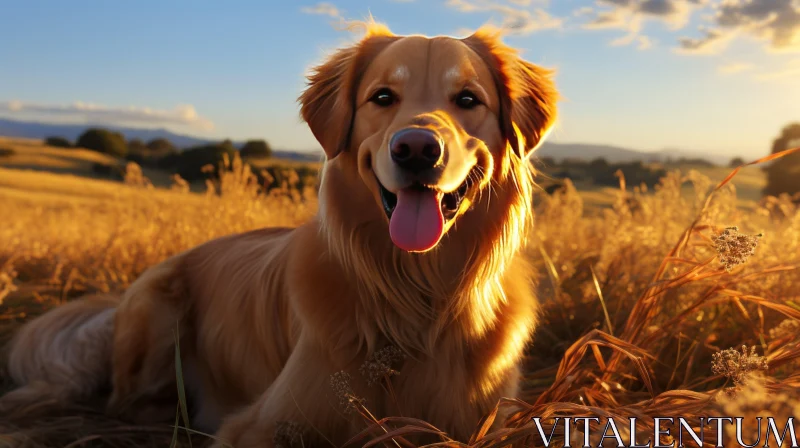 Golden Retriever in Sunlit Grass - A Candid Portraiture in Crimson and Amber AI Image