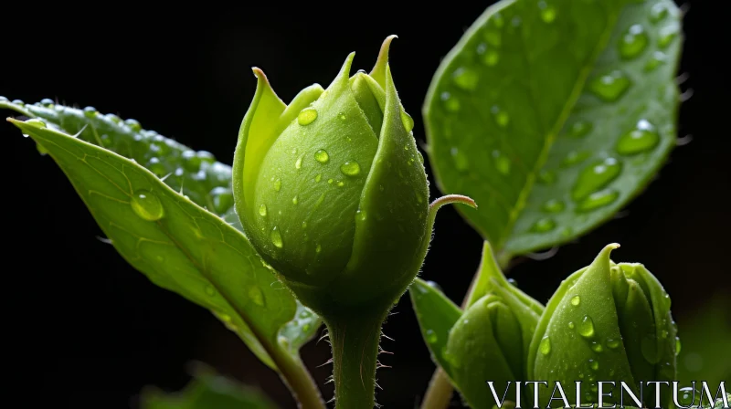 Nature's Essence: Green Buds with Raindrops AI Image