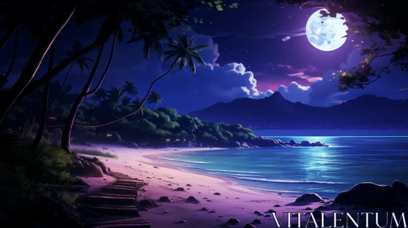 Night Beach Scene with Full Moon: A Tropical Anime-Influenced Masterpiece AI Image