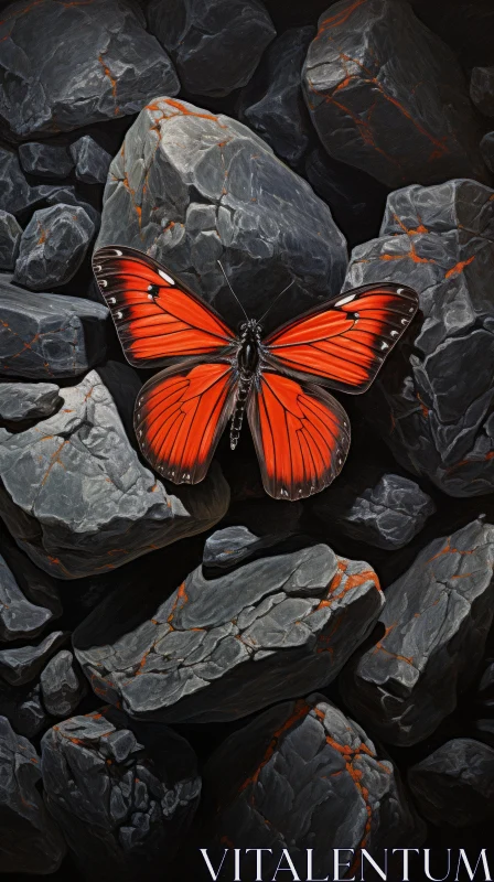Orange Butterfly on Black Rocks: A Joyful Celebration of Nature AI Image