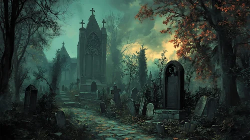 Eerie Cemetery with Gothic Architecture