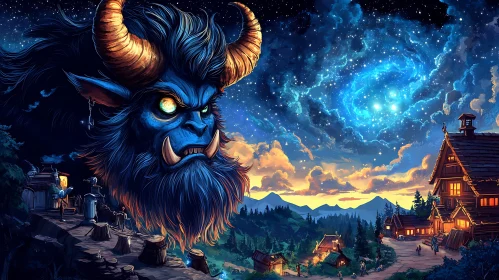 Blue Monster Overlooking Village