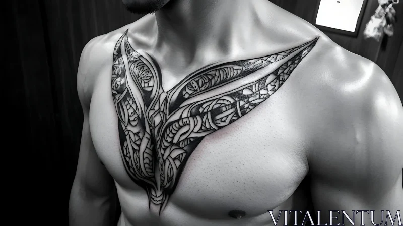 Intricate Black and White Chest Tattoo