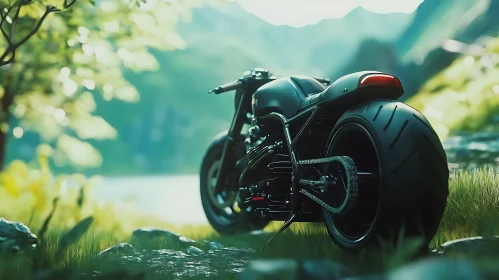 Black Motorcycle in Mountain Landscape