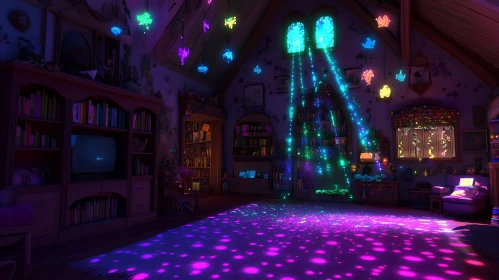 Room with Neon Lights and Bookshelves