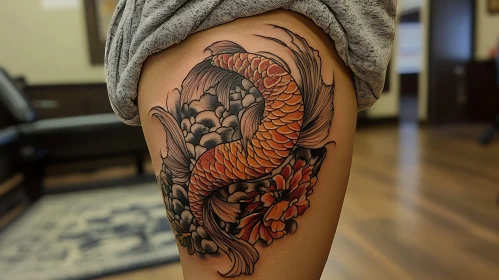 Artistic Koi Fish Tattoo on Thigh