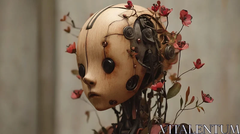 Cyborg Sculpture with Wooden Face and Red Flowers