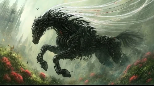 Cyborg Horse in Dreamlike Scenery