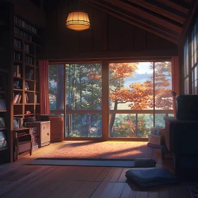 Indoor Autumn View with Bookshelf