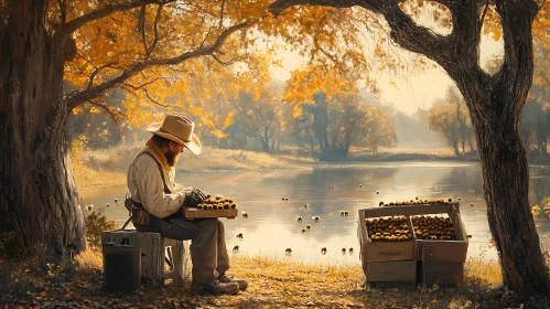 Man Sorting Fruit by Calm Waters
