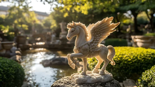 Winged Horse Sculpture in Tranquil Garden