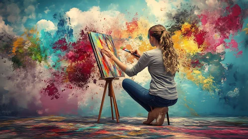 Woman Painting Abstract Art on Canvas